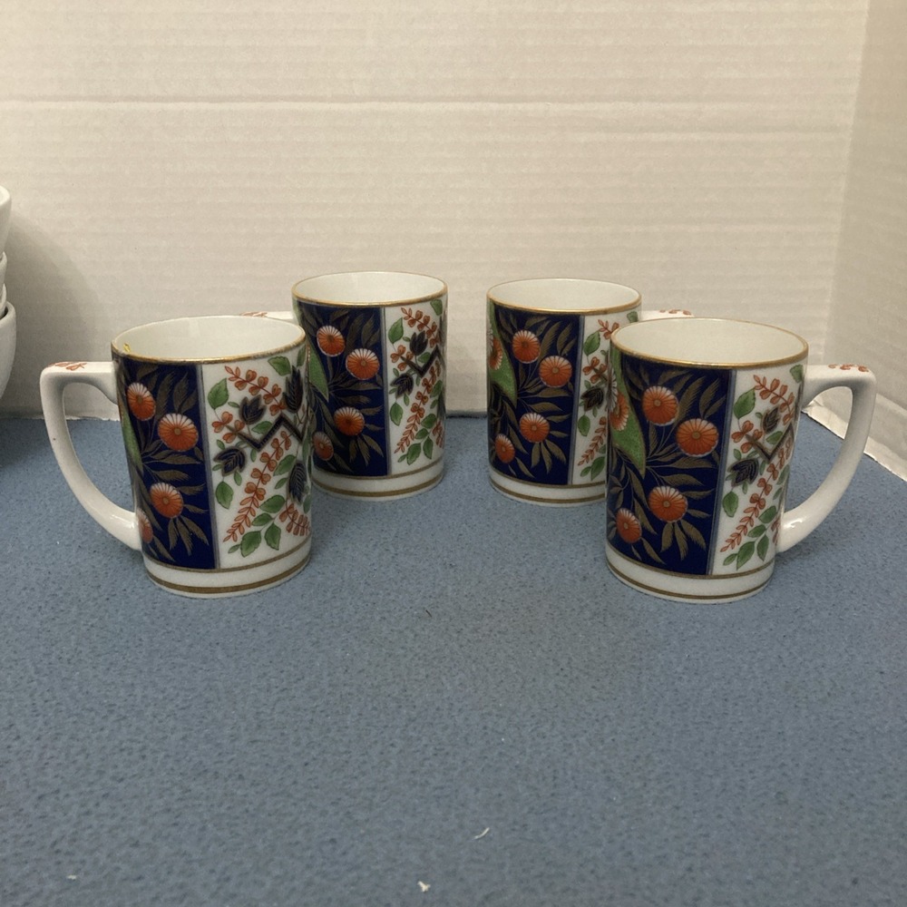 VTG Neiman Marcus Japan Cobalt Blue & Gold Imari Style Coffee/Tea Mugs -Set of 4